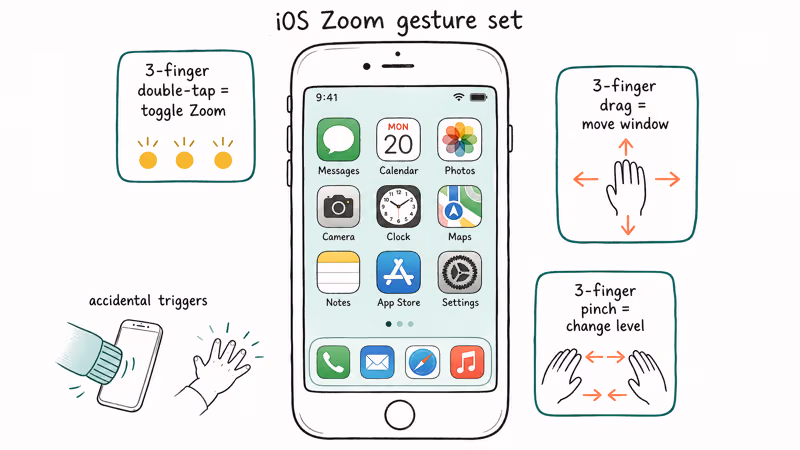 Hand-drawn iPhone surrounded by labels showing three Zoom gestures and accidental triggers