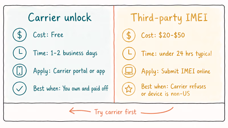 Two-column comparison of carrier unlock versus third-party IMEI service costs and timing