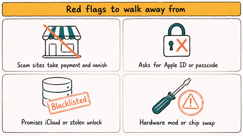 Quadrant infographic showing four iPhone unlock scam red flags including credential requests