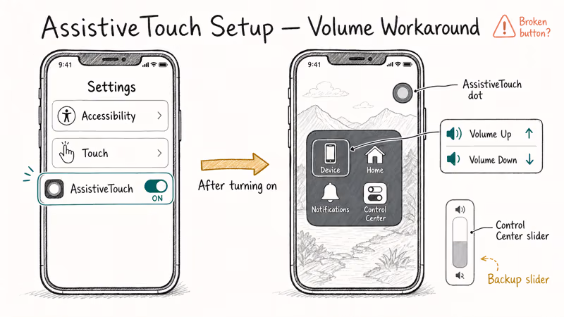 Hand-drawn iPhone Settings AssistiveTouch toggle path next to expanded floating dot Volume Up Down menu.