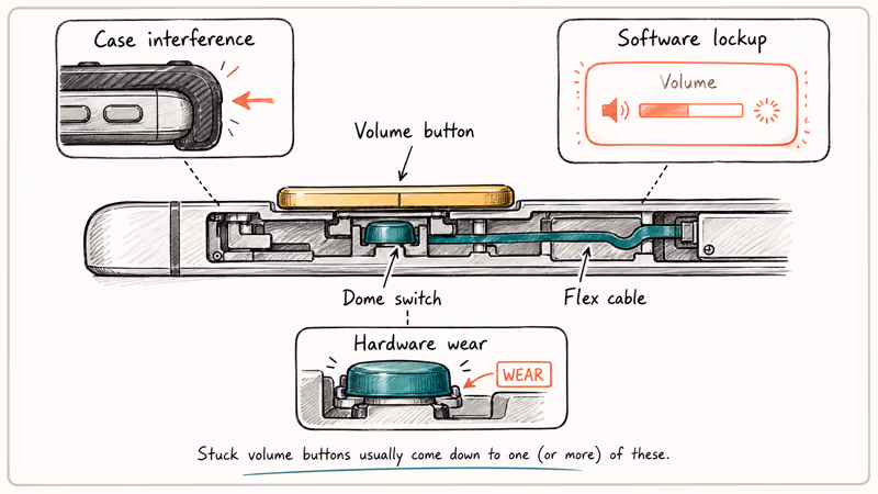 Hand-drawn diagram of iPhone volume button flex cable showing case, software, and hardware causes.