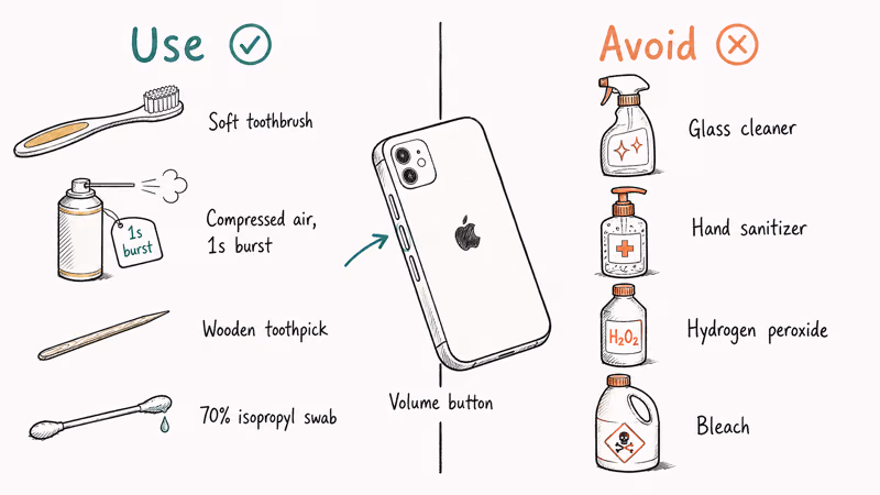Hand-drawn comparison of safe iPhone button cleaning tools versus banned household cleaners with warning marks.