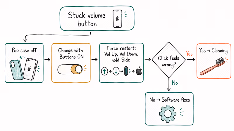 Notion-style flowchart of iPhone volume button triage with case, restart, and click test branches.