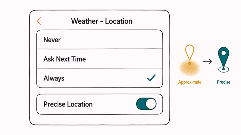 iPhone Location Services screen setting Weather to Always with Precise Location enabled
