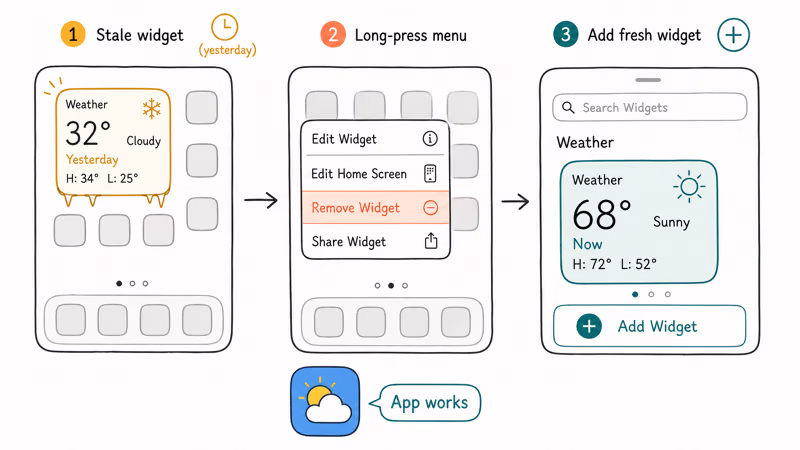 Removing and re-adding the iPhone Weather home-screen widget to force a fresh data pull