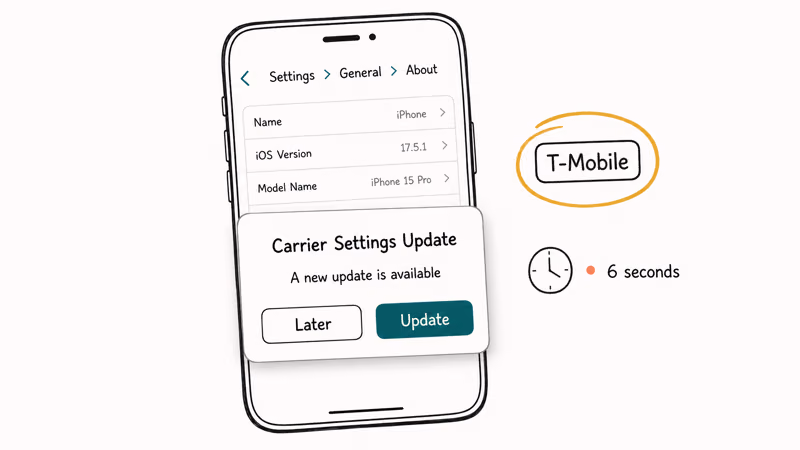 iPhone Settings General About screen showing carrier settings update prompt with teal Update button