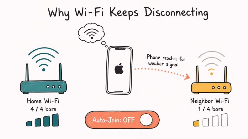 Diagram showing iPhone reaching for weak neighbor Wi-Fi instead of strong home network
