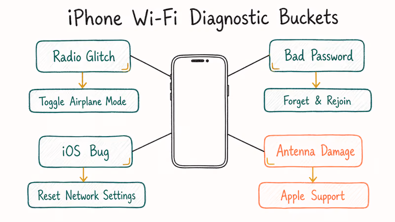 Flowchart sorting iPhone Wi-Fi issues into four diagnostic buckets and matching fixes