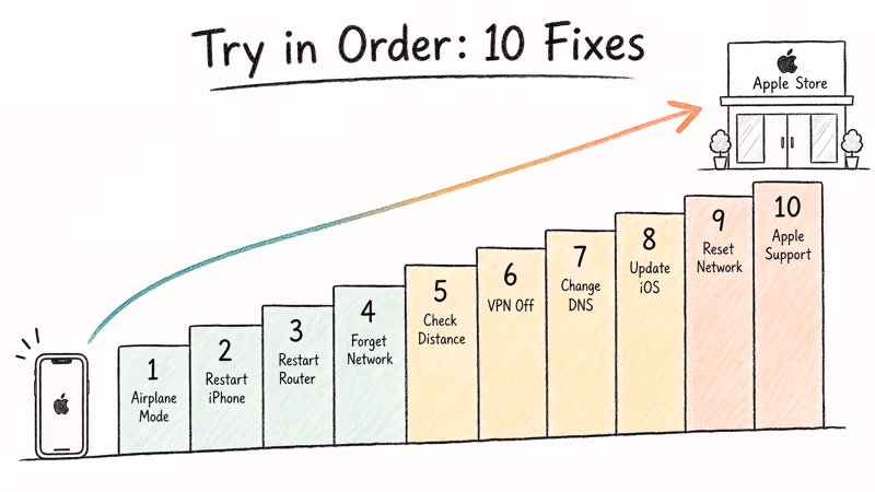 Numbered staircase showing ten ordered iPhone Wi-Fi fixes from airplane mode to Apple Support