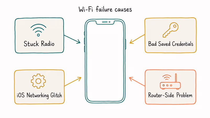 Four common iPhone Wi-Fi failure causes shown as a quadrant infographic around a phone icon