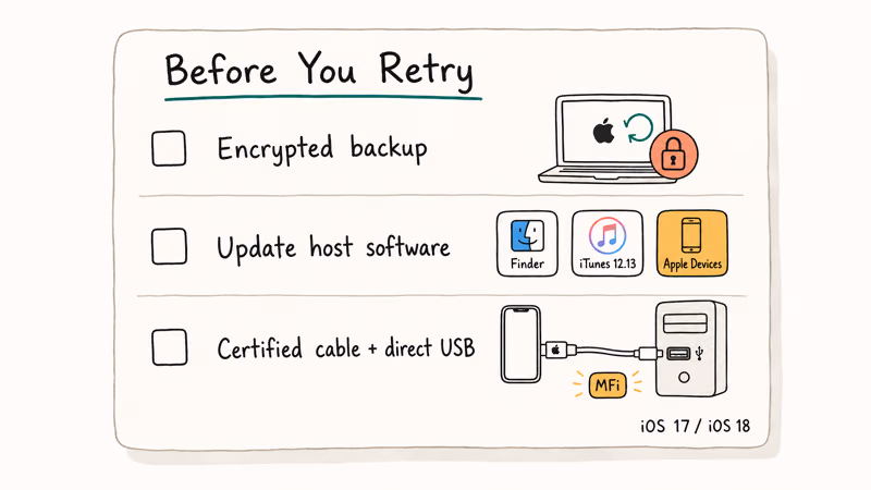 Hand-drawn checklist of backup, host software update, and certified cable steps before retrying restore