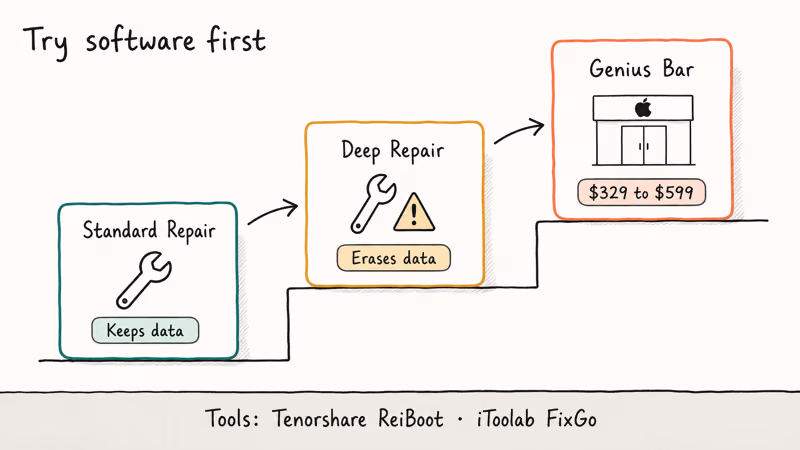 Three-step escalation ladder from Standard Repair to Deep Repair to Genius Bar service