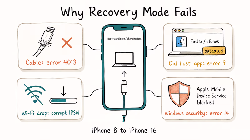 Infographic showing four causes of iPhone Recovery Mode restore failure with matching error codes