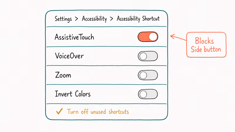 Hand-drawn iPhone Accessibility Shortcut menu highlighting AssistiveTouch toggle that blocks shutdown