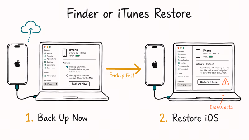 Hand-drawn flow showing iPhone backup before Finder iTunes restore to avoid losing data