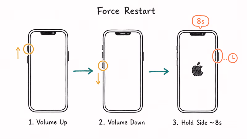 Hand-drawn flowchart showing Volume Up Volume Down then hold Side button force restart sequence
