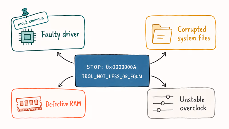 Diagram showing Windows 10 BSOD stop code 0x0000000A and four common root causes