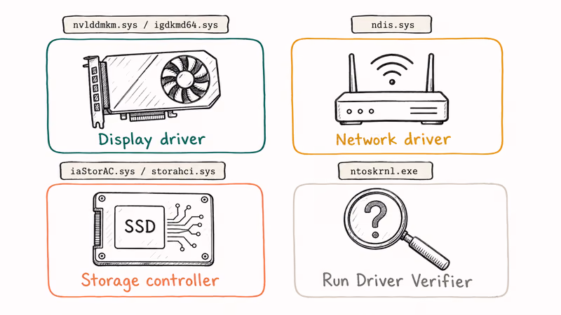 Grid of four common Windows driver suspects display network storage and kernel module