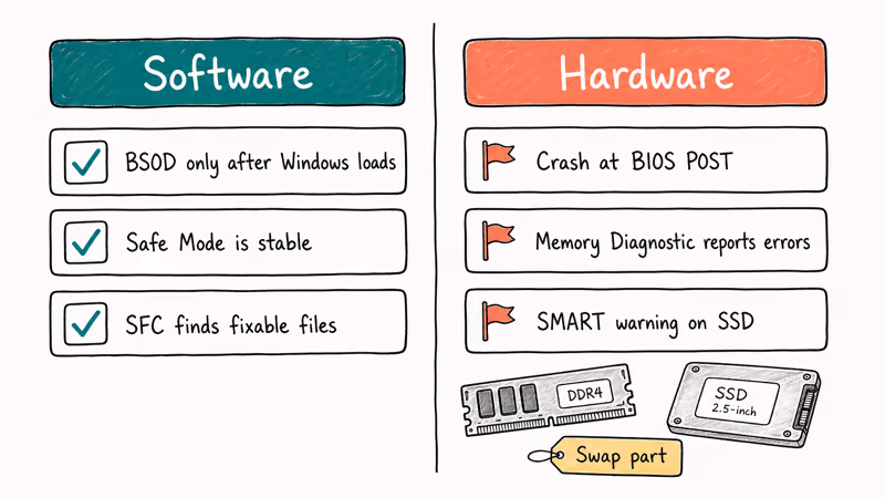 Two column comparison of software versus hardware warning signs for Windows BSOD diagnosis