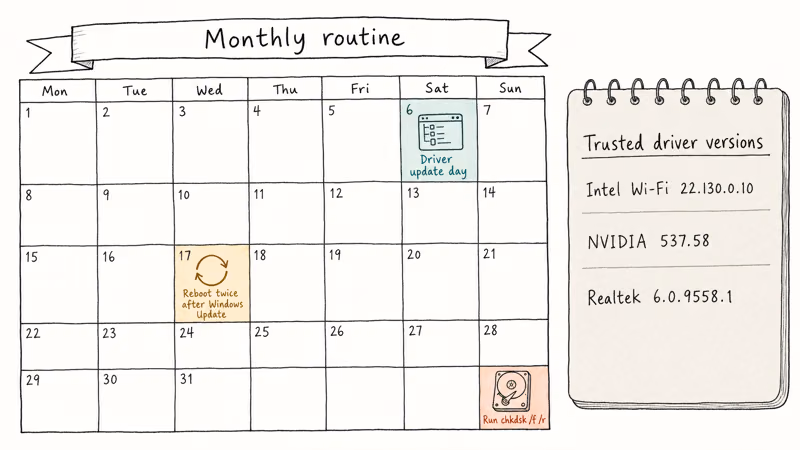 Monthly calendar showing driver update reboot and chkdsk routine plus trusted driver version notepad