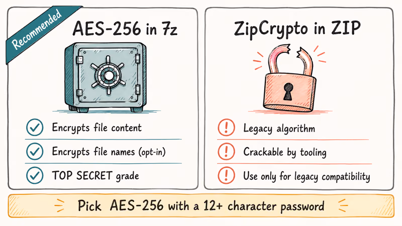 AES-256 in 7z format protects archives better than ZipCrypto encryption