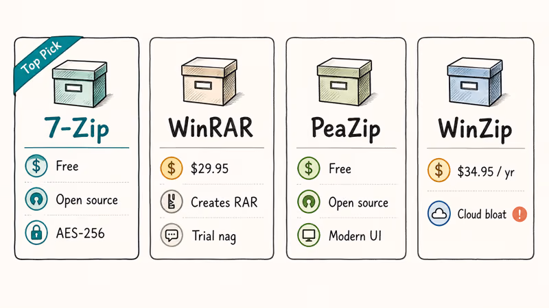7-Zip leads free open-source archivers compared with WinRAR PeaZip and WinZip