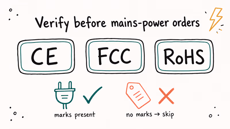 CE FCC and RoHS marks verify mains powered AliExpress electronics.