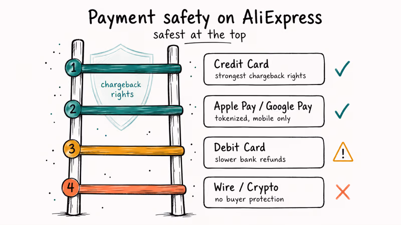 Hand-drawn ranking of AliExpress payment methods showing credit card and mobile wallet as safest options.
