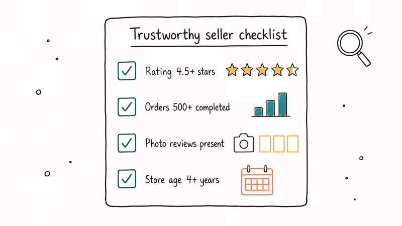Checklist shows AliExpress seller rating, order count, reviews, and store age.