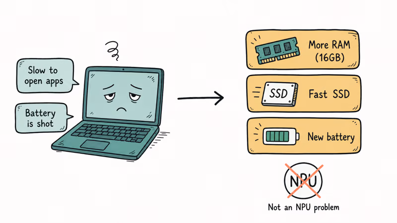Laptop upgrade priorities that favor RAM, SSD, and battery fixes over paying for an NPU