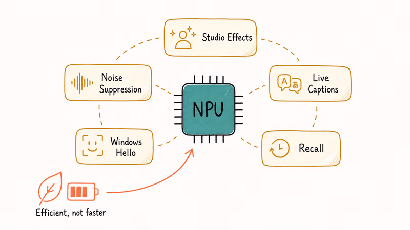 Illustrated list of NPU-accelerated features including Studio Effects, Live Captions, Windows Hello, and Recall