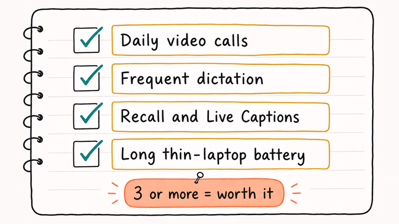 Checklist showing AI PC buyer profile with video calls, dictation, Recall, and long battery needs