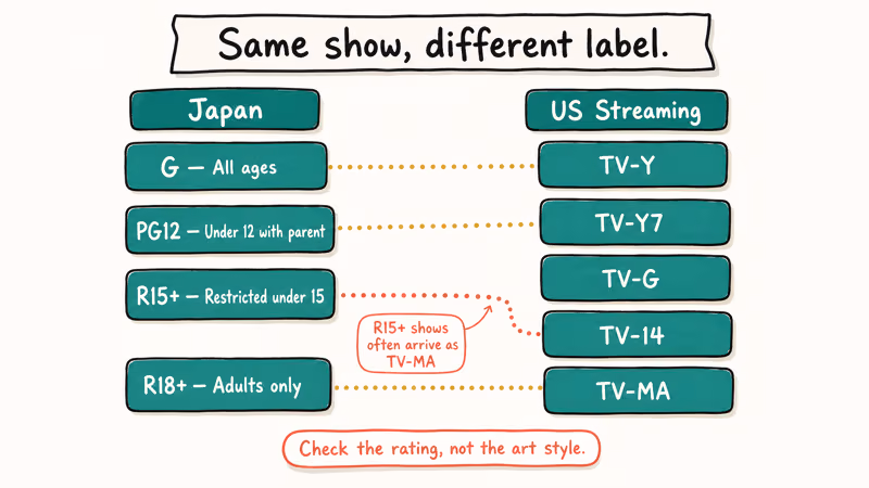 Side by side chart comparing Japan anime age ratings with United States television parental ratings.
