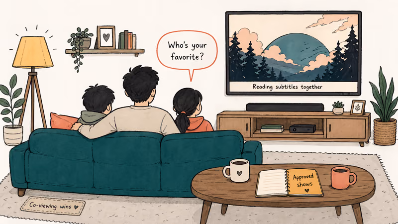 Parent and children watch anime together with subtitles on television.