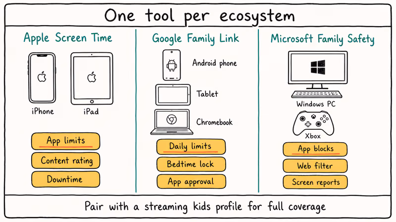 Chart maps Apple, Google, and Microsoft parental controls to devices.