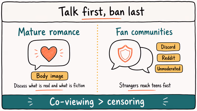 Two panels highlight mature romance and unmoderated anime fan communities.
