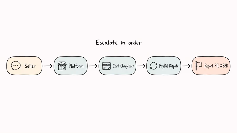 Hand-drawn five step escalation flow seller platform chargeback PayPal dispute then FTC and BBB reports.