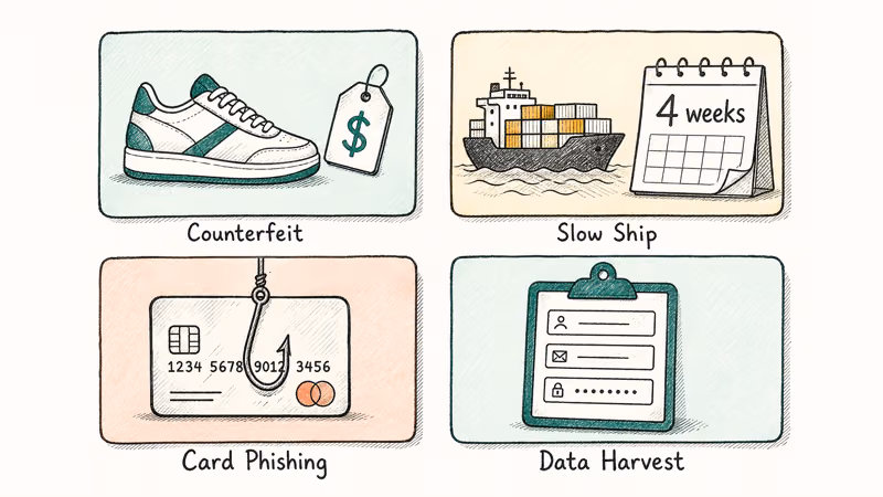 Grid shows TikTok ad fraud risks: counterfeit, slow shipping, phishing, data harvesting.