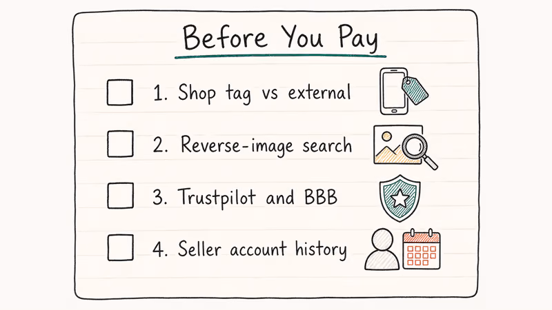 Hand-drawn pre-purchase checklist of four vetting steps for TikTok ads before tapping checkout.