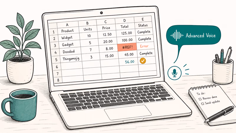 Laptop camera pointing at a spreadsheet while ChatGPT voice mode reads the screen