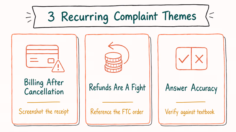 Three-column framework summarizing Chegg billing, refund, and answer-accuracy complaint themes for students
