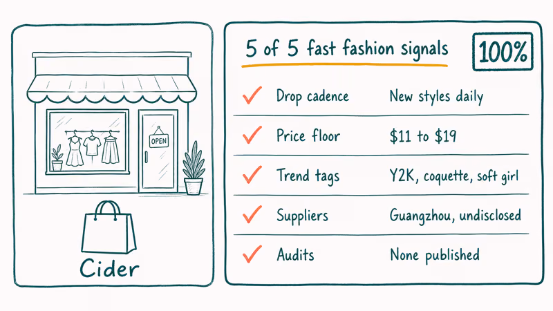 Cider hits all five fast fashion traits including daily drops and sub twenty pricing