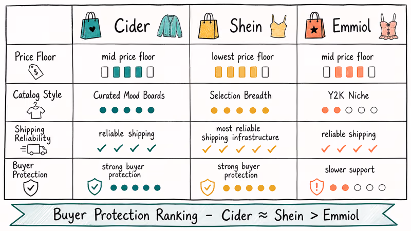 Cider Shein and Emmiol compared on price selection shipping and buyer protection