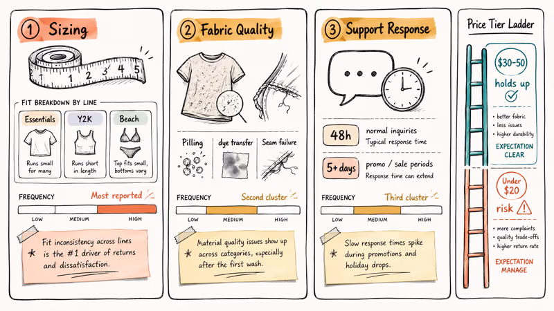 Cider sizing fabric and support complaints clustered by frequency and price tier
