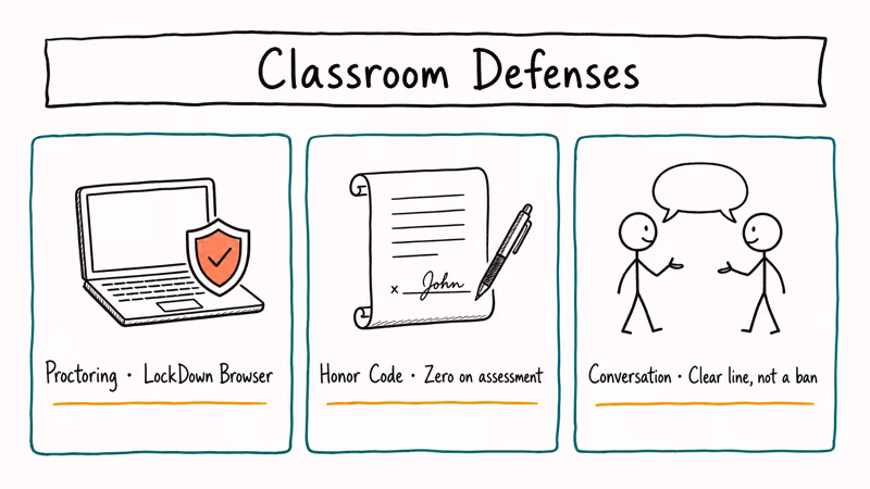 Hand-drawn three-column diagram showing proctoring software honor codes and student conversations as Discord cheating defenses.