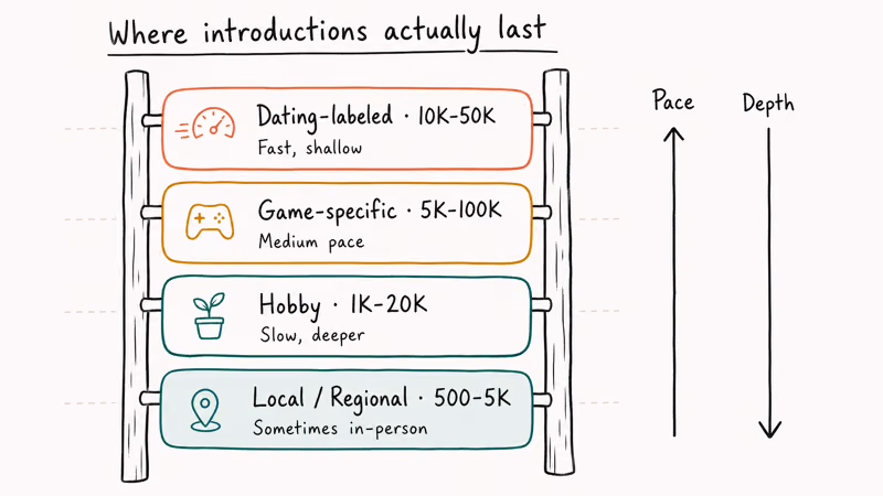 Illustrated hierarchy comparing dating-labeled, game, hobby, and local Discord server types and outcomes