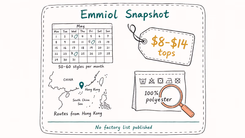 Dossier card summarizes Emmiol cadence, prices, shipping origin, and polyester labels