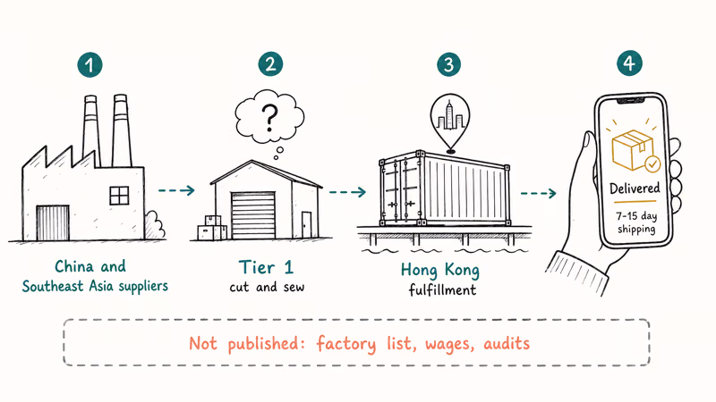 Supply chain flow shows factories, fulfillment, buyer phone, wage and audit gaps