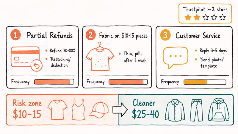 Emmiol partial refund fabric and customer service complaints clustered by frequency and price tier