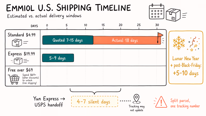 Emmiol standard express and free shipping windows charted with carrier handoff gap and seasonal delays